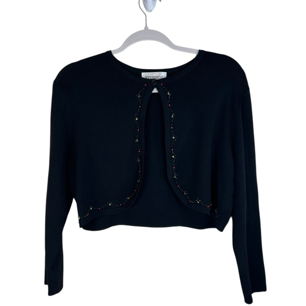 Studio I Black Cardigan Shrug with Beaded Accents Holiday Christmas Vintage L